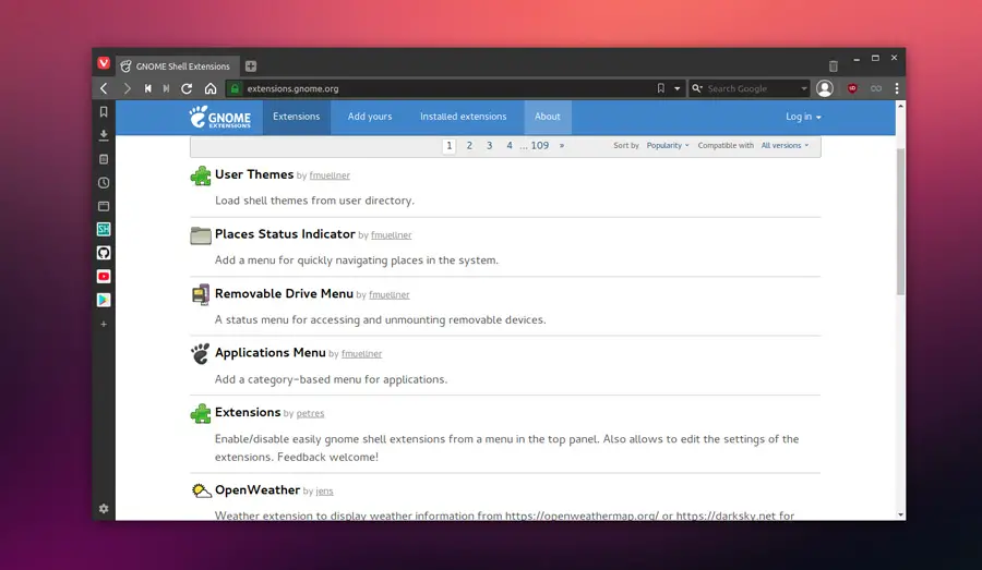 Gnome Extensions website to install extensions from