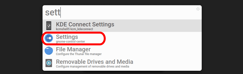 Searching for settings in the menu