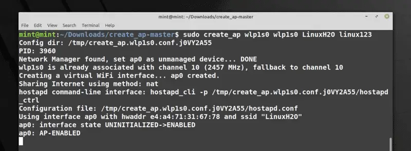 Enabling wifi hotspot with create_ap